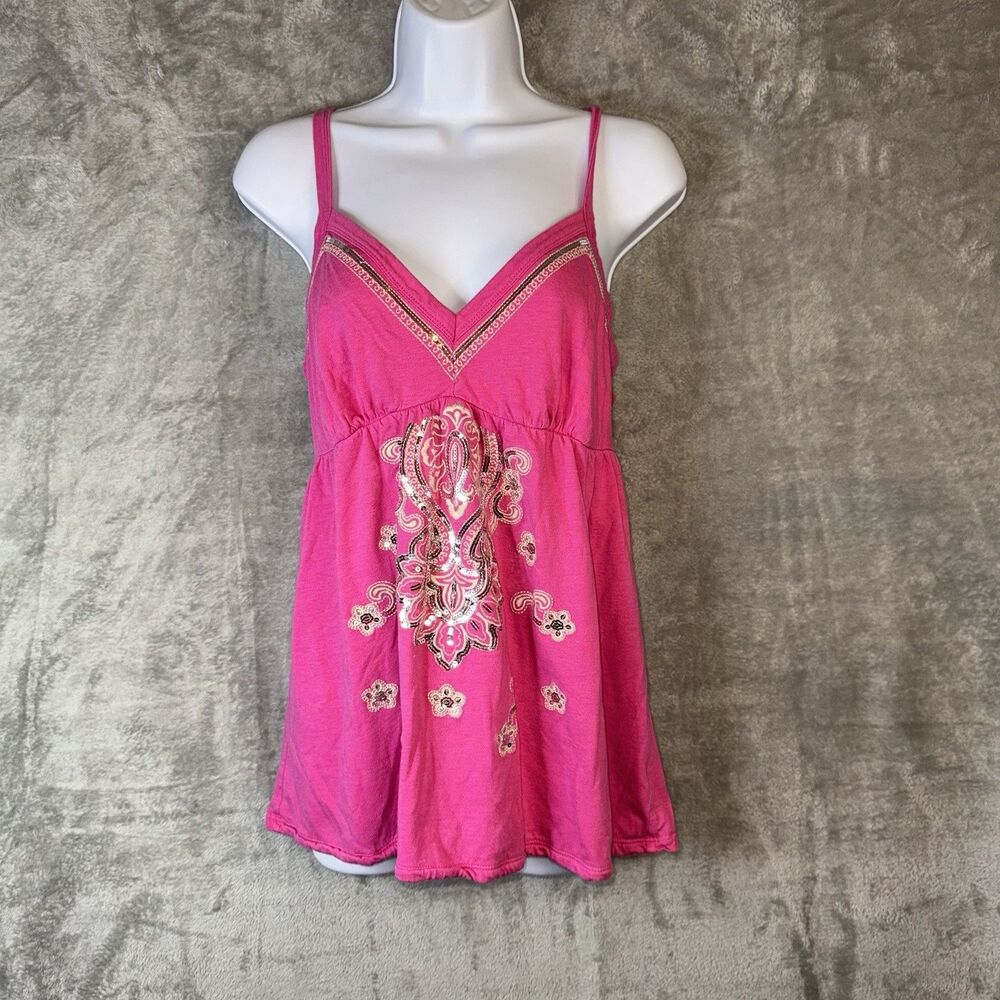 INC Pink Sequin Embroidered Babydoll Top Sz Large Boho Festival Y2K